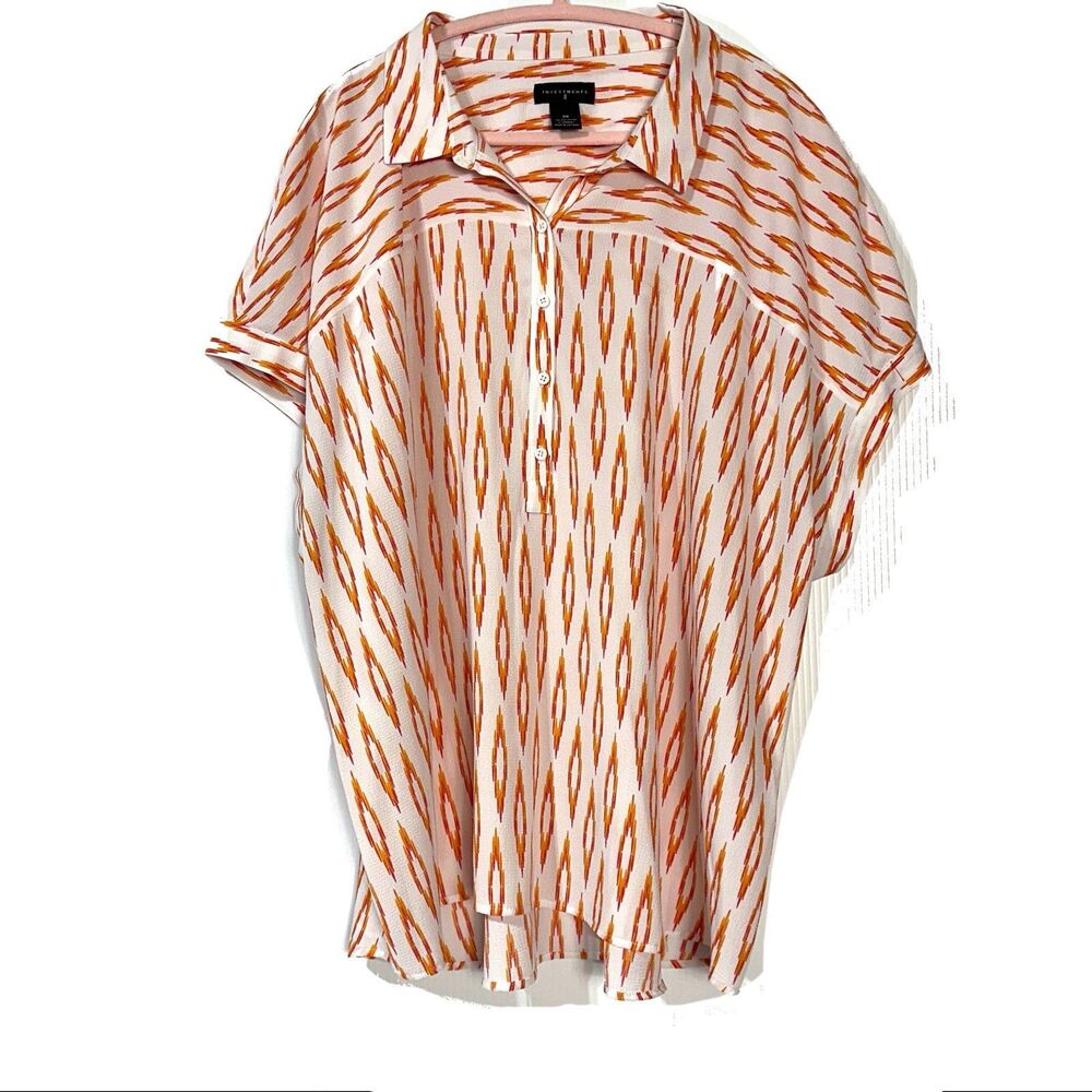 Investments Blouse Size 3X Collared Short Sleeve White Orange Print Pullover Top